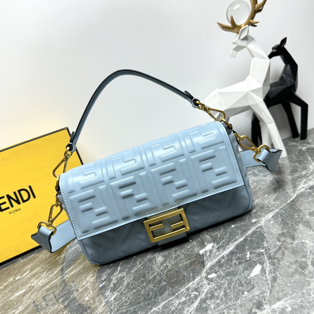 Fendi Medium Baguette Nappa Leather with FF Motif Shoulder Bag Light Blue